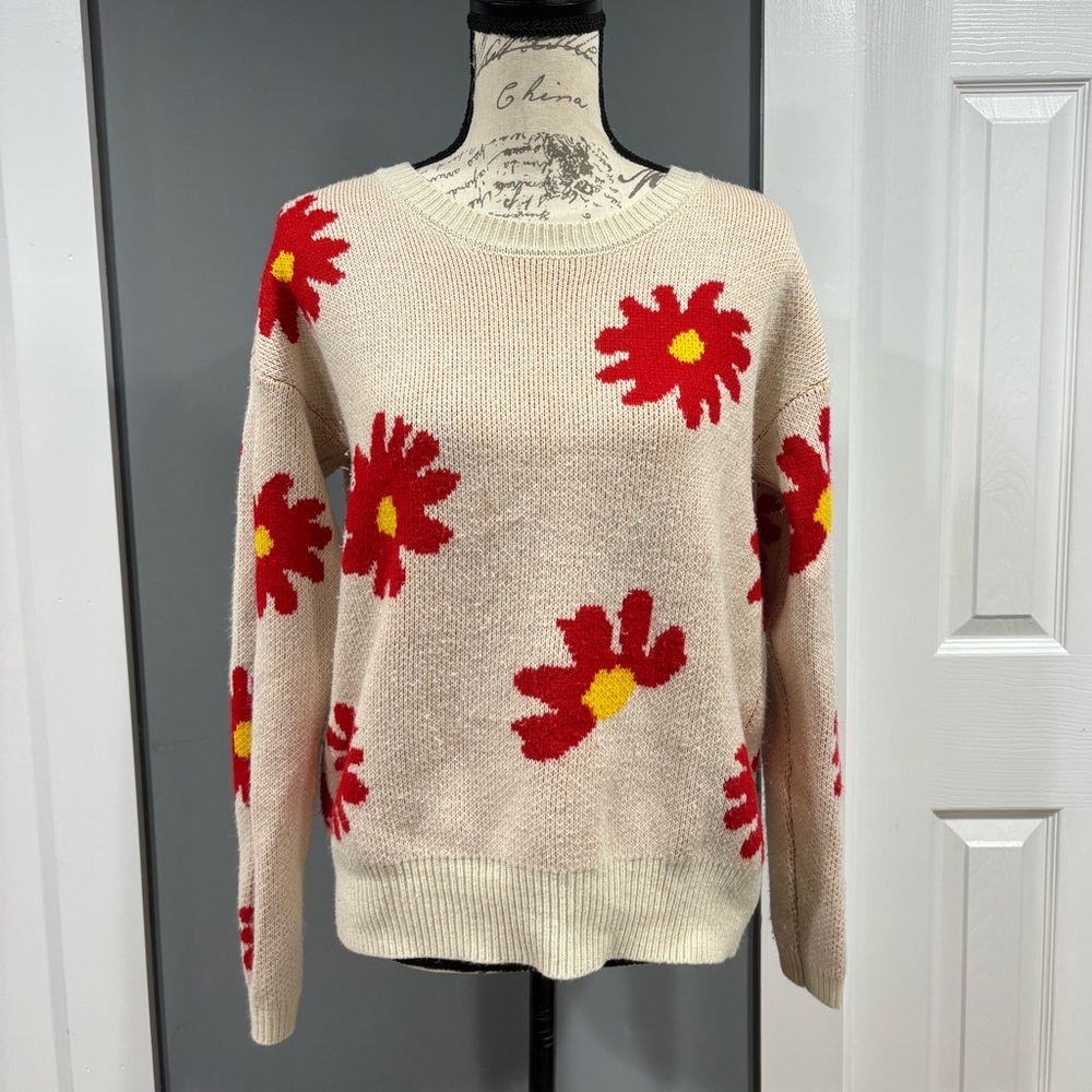 SHEIN Cream Sweater with Red Floral Design